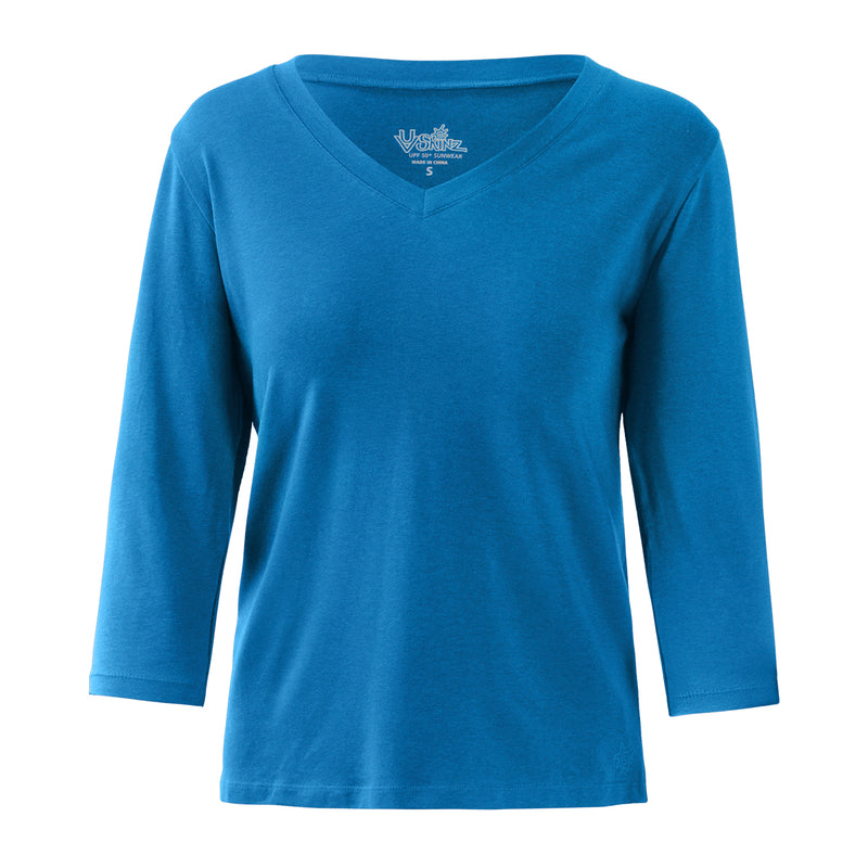Women's 3/4 Sleeve V-Neck R&R Tee in Mykonos Blue|mykonos-blue