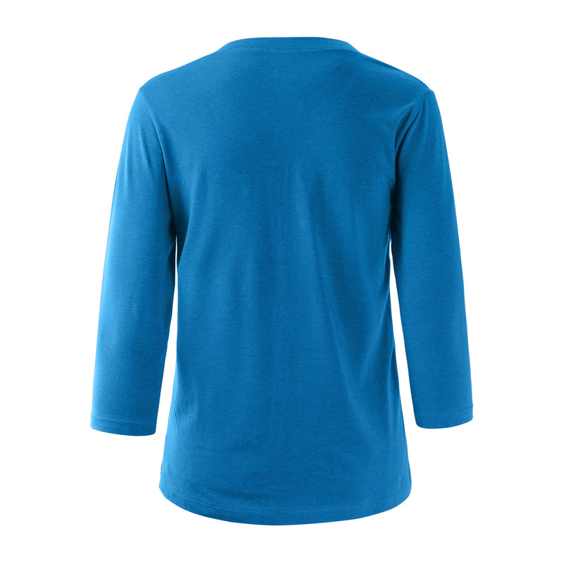 Back of the Women's 3/4 Sleeve V-Neck R&R Tee in Mykonos Blue|mykonos-blue