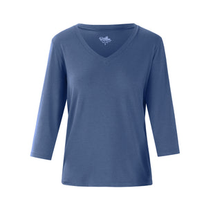 Women's 3/4 Sleeve V-Neck R&R Tee in Washed Navy|washed-navy