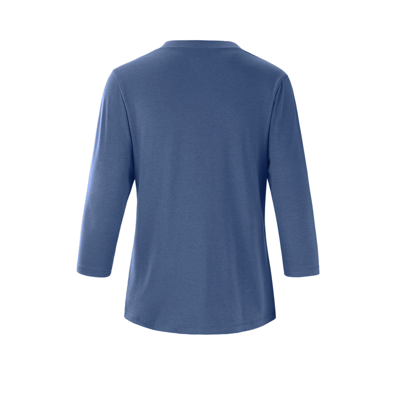 Back of the Women's 3/4 Sleeve V-Neck R&R Tee in Washed Nav|washed-navy
