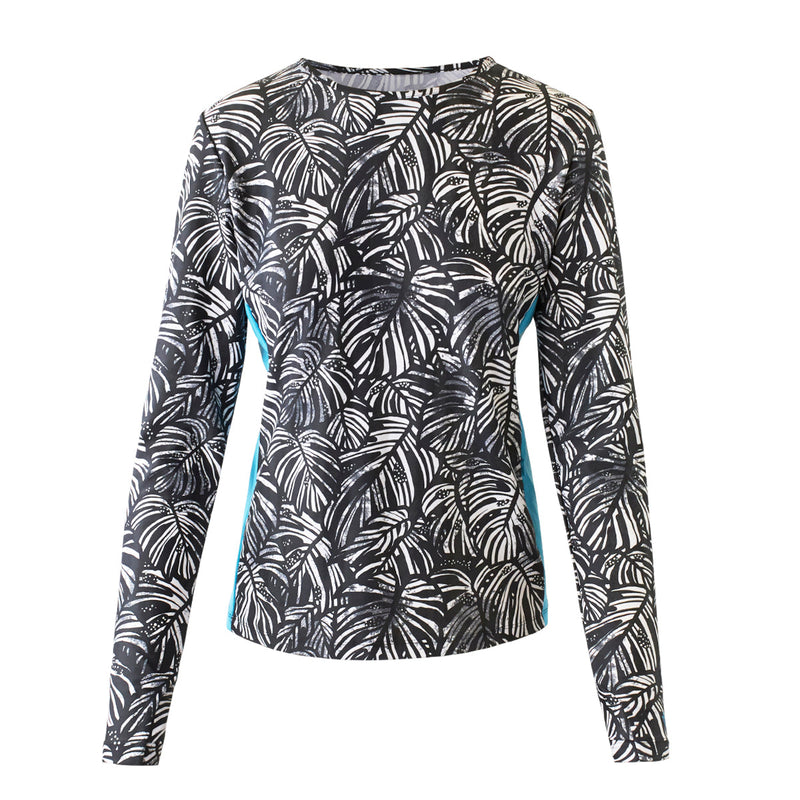 women's long sleeve swim shirt with UPF in black botanical|black-botanical