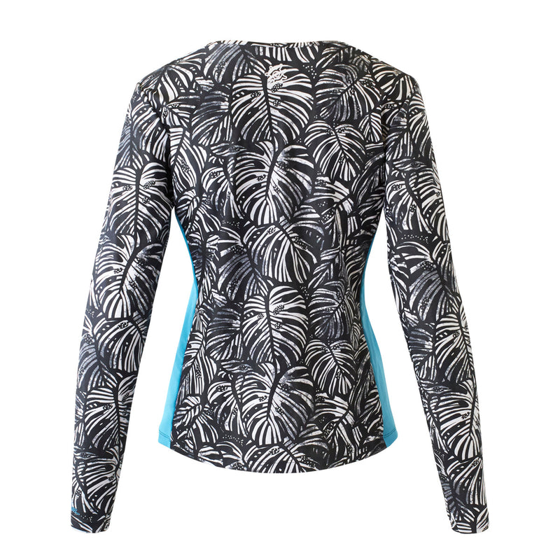 back of the women's long sleeve swim shirt with UPF in black botanical|black-botanical