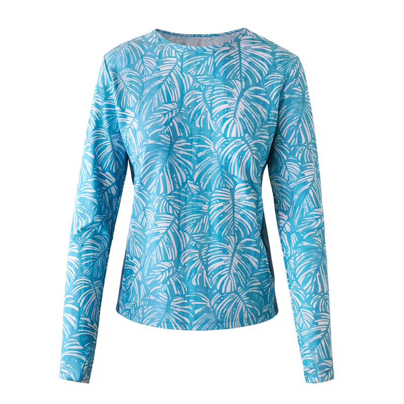 women's long sleeve swim shirt with UPF in scuba blue botanical|scuba-blue-botanical