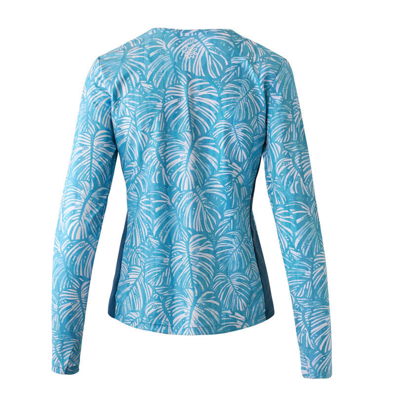 back of the women's long sleeve swim shirt with UPF in scuba blue botanical|scuba-blue-botanical