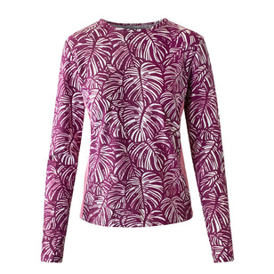 women's long sleeve swim shirt with UPF in wine botanical|wine-botanical