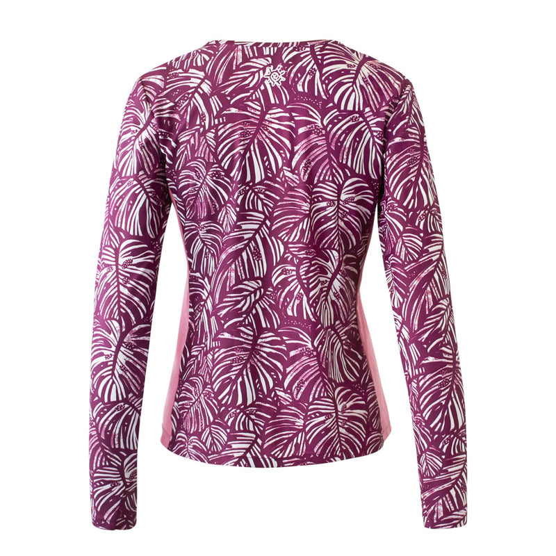 back of the women's long sleeve swim shirt with UPF in wine botanical|wine-botanical