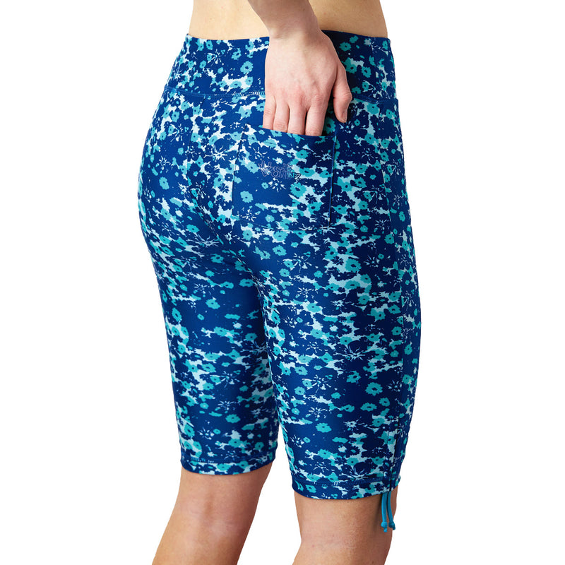 Side Pocket View of the Women's Active Swim Jammerz in Navy Blue Floral|navy-blue-floral