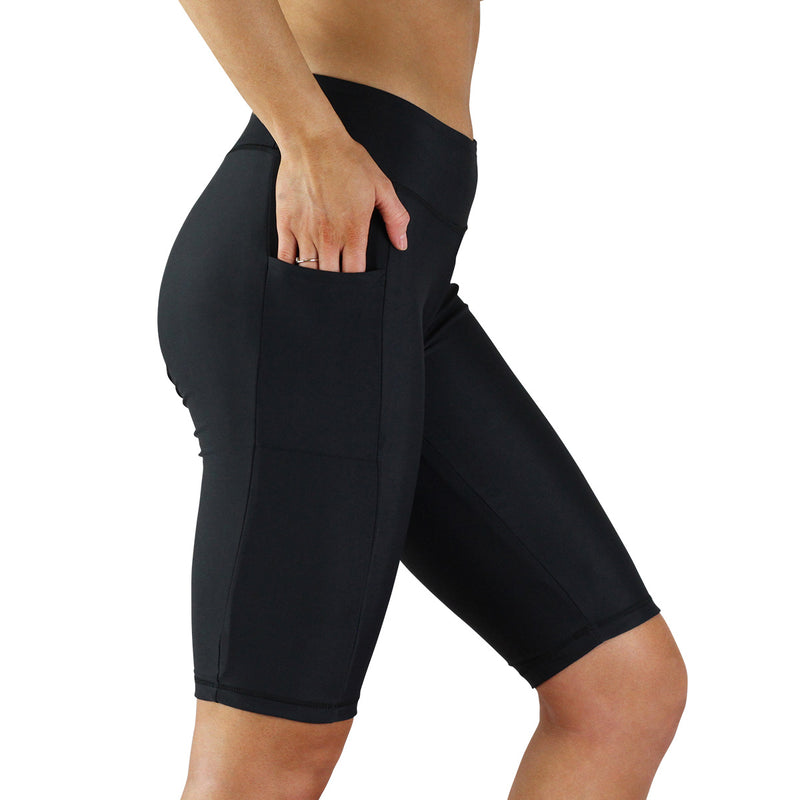 side pocket view of the women's active swim jammerz in black|black