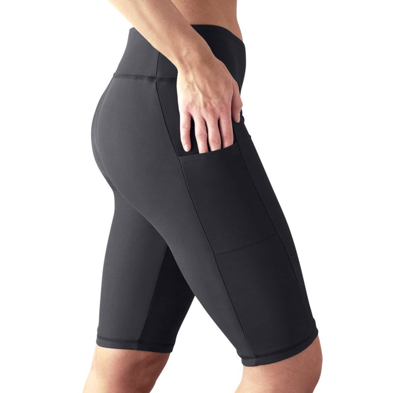 pocket view of the women's active swim jammerz in charcoal|charcoal