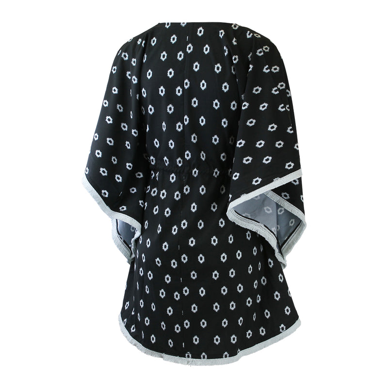 back of the women's kaftan cover up in black boho dot|black-boho-dot