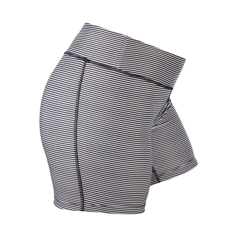 Side View of the Women's Active Swim Shorts in Black Stripes|black-stripes