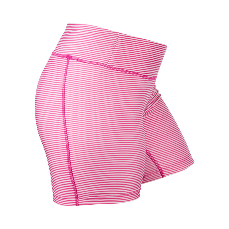 Side View of the Women's Active Swim Shorts in Hot Pink Stripes|hot-pink-stripes