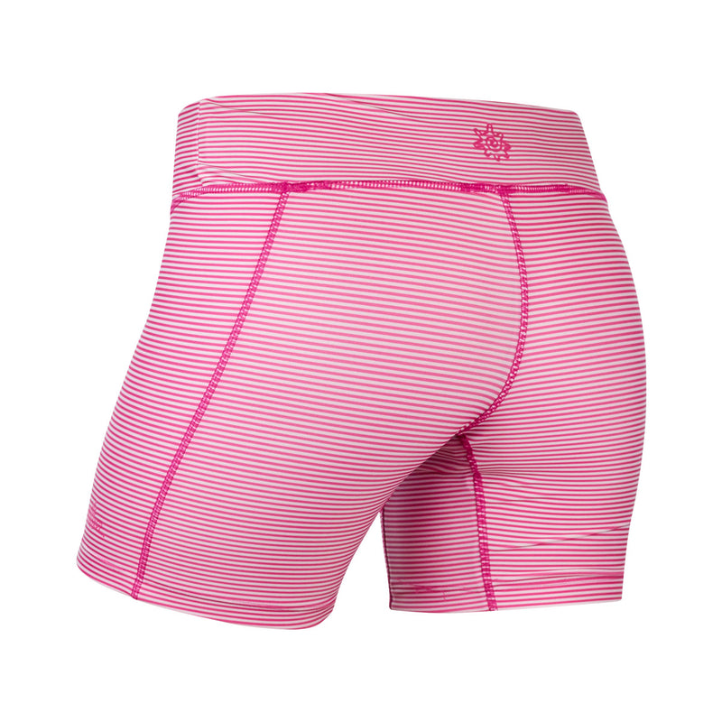 Back View of the Women's Active Swim Shorts in Hot Pink Stripes|hot-pink-stripes
