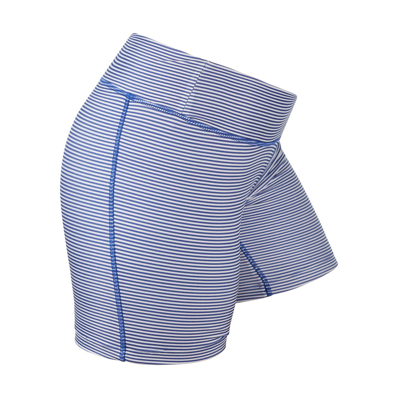 Side View of the Women's Active Swim Shorts in Navy Blue Stripes|navy-blue-stripes