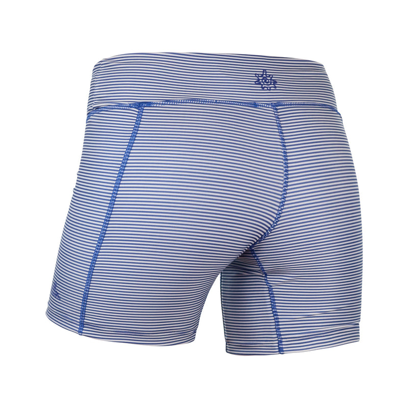 Back View of the Women's Active Swim Shorts in Navy Blue Stripes|navy-blue-stripes