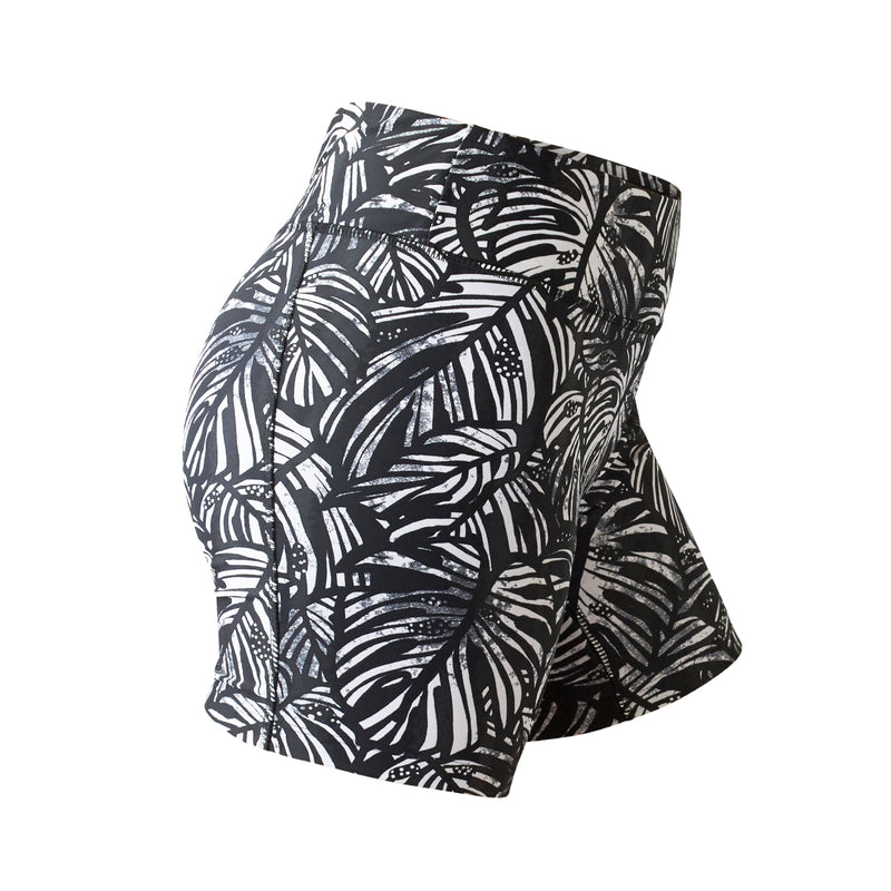 Side View of the Women's Active Swim Shorts in Black Botanical|black-botanical