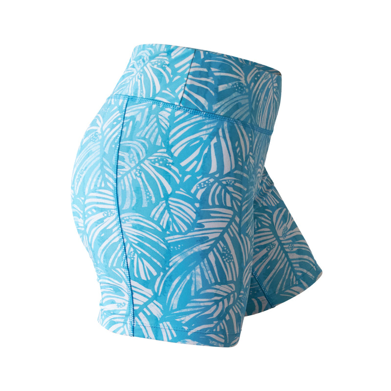 Side View of the Women's Active Swim Shorts in Scuba Blue Botanical|scuba-blue-botanical