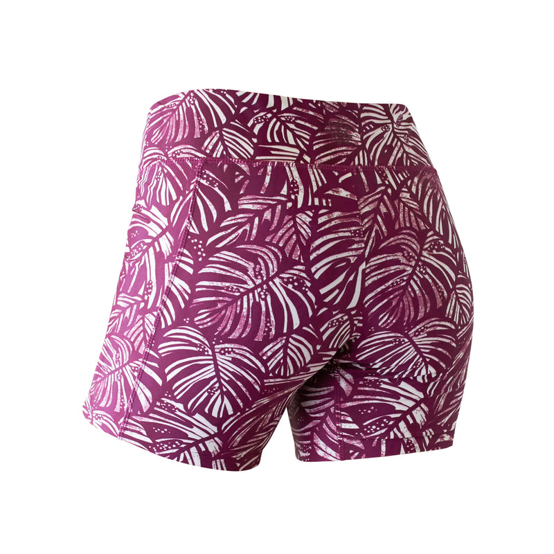 Back View of the Women's Active Swim Shorts in Wine Botanical|wine-botanical