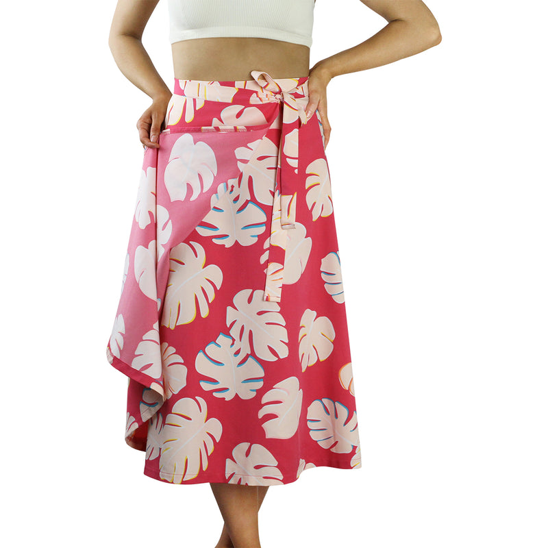 Front View of the Women's Wrap Skirt in Berry Flora|berry-flora