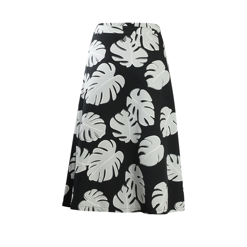Back View of the Women's Wrap Skirt in Black Flora|black-flora
