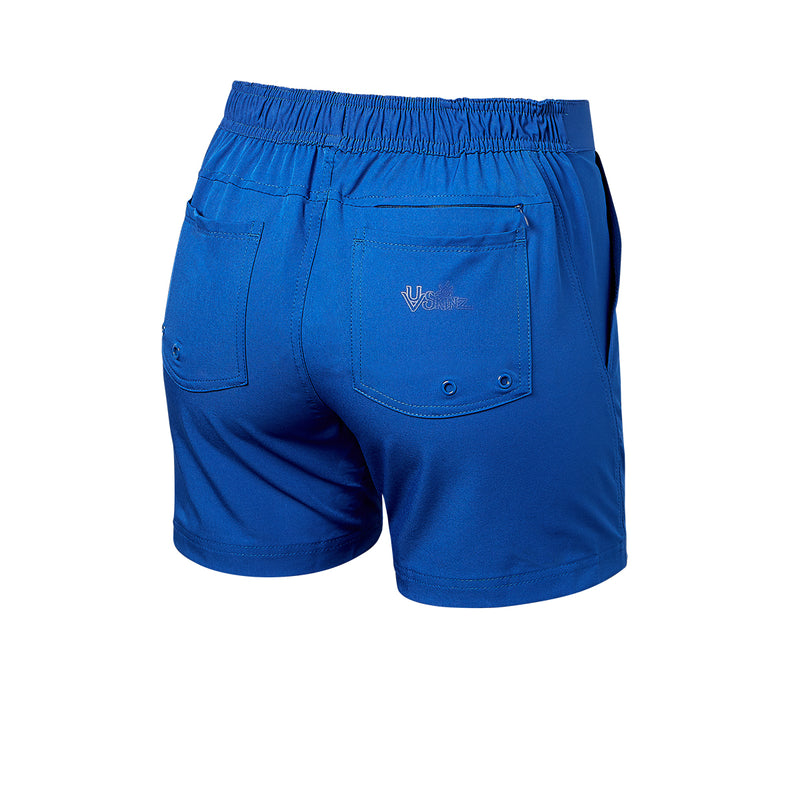 back of the women's island board shorts in navy blue|navy-blue