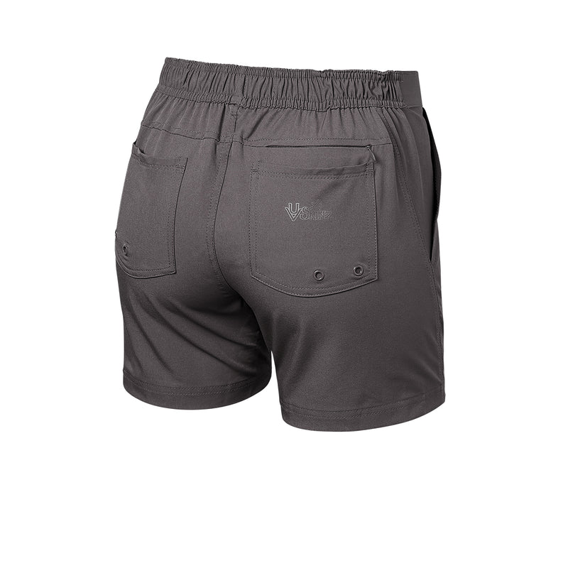 back of the women's island board shorts in charcoal|charcoal