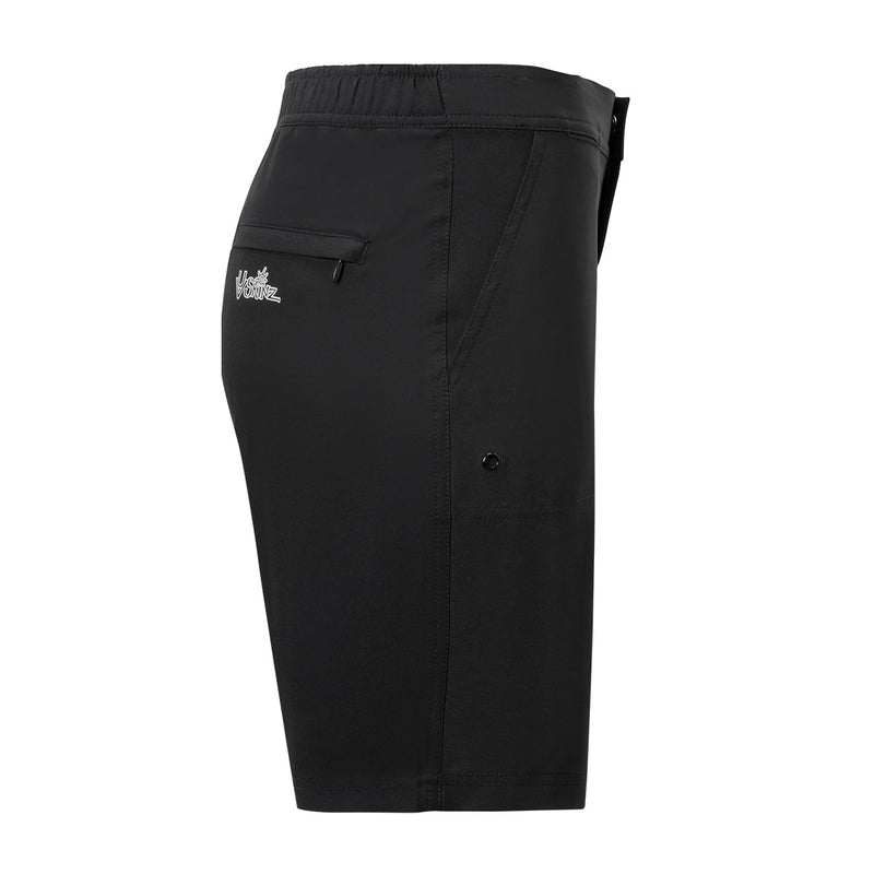 Side View of the Women's Board Shorts in Black|black