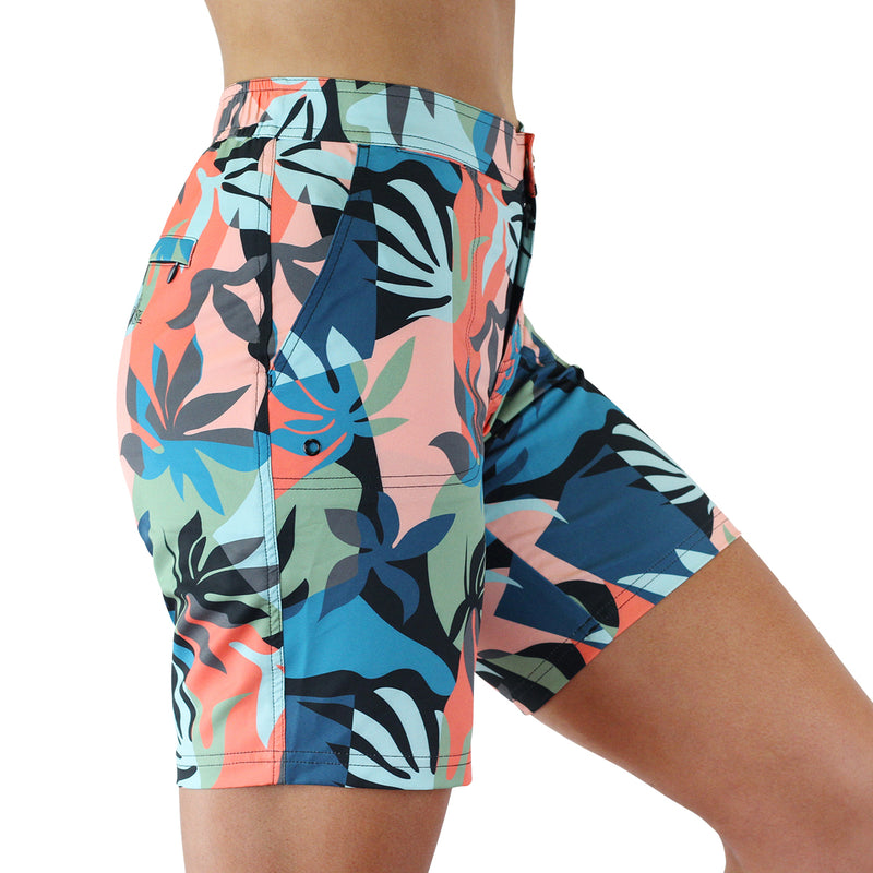 Side View of theWomen's Board Shorts in Picasso Bloom|picasso-bloom