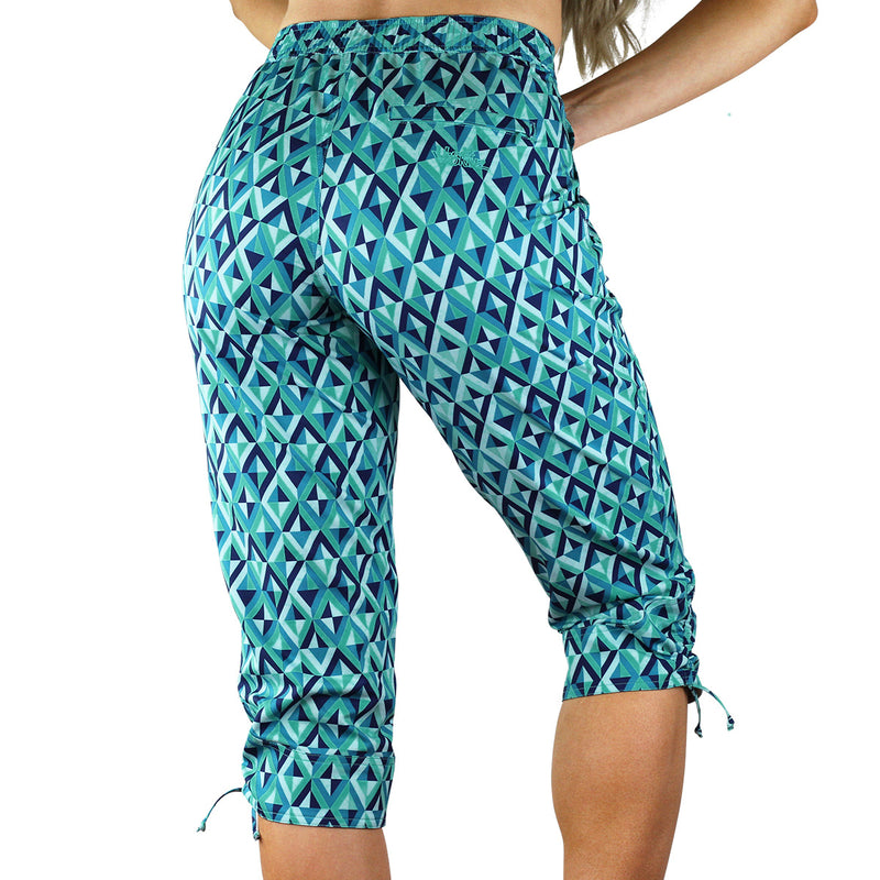 Back View of the Women's Beach Capris in Turquoise Jewels|turquoise-jewels