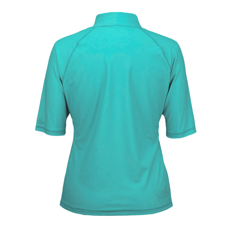 back of the women's short sleeve swim shirt in teal|teal