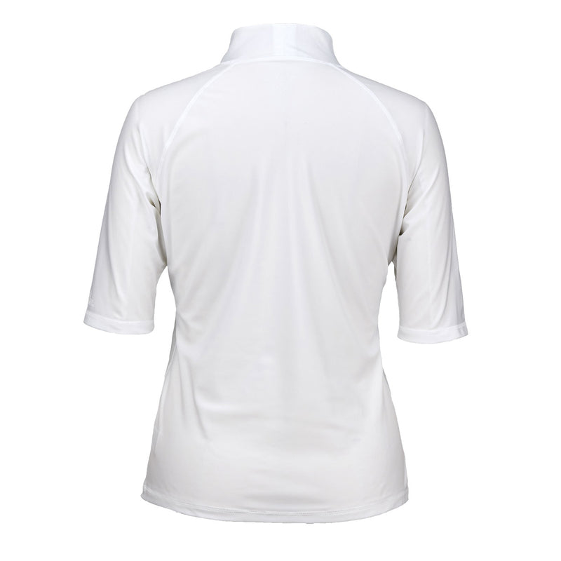back of the women's short sleeve swim shirt in white|white