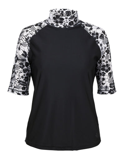 Women's Aloha Short Sleeve Sun & Swim Shirt in Black Aloha|black-aloha