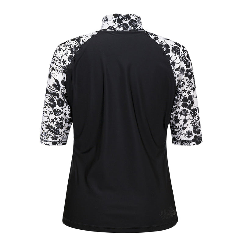 Back of the Women's Aloha Short Sleeve Sun & Swim Shirt in Black Aloha|black-aloha