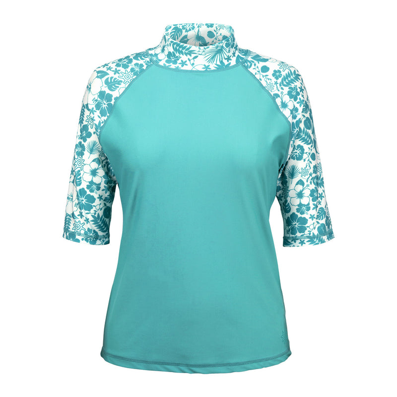 Women's Aloha Short Sleeve Sun & Swim Shirt in Teal Aloha|teal-aloha