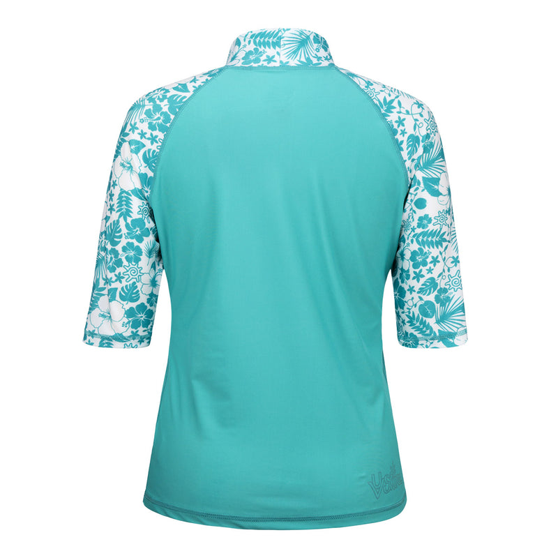 Back of the Women's Aloha Short Sleeve Sun & Swim Shirt in Teal Aloha|teal-aloha
