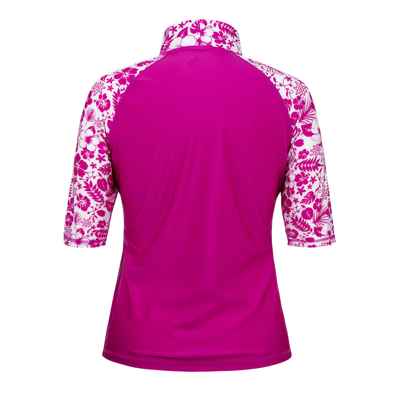 Back of the Women's Aloha Short Sleeve Sun & Swim Shirt in Hot Pink Aloha|hot-pink-aloha
