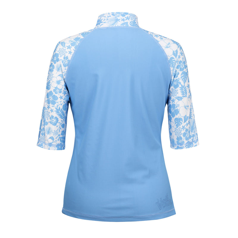 Back of the Women's Aloha Short Sleeve Sun & Swim Shirt in Sky Blue Aloha|sky-blue-aloha