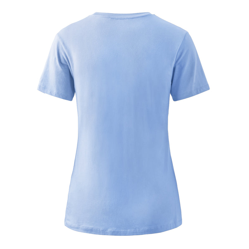 back of the women's UPF 50+ shirt in blue mist|blue-mist
