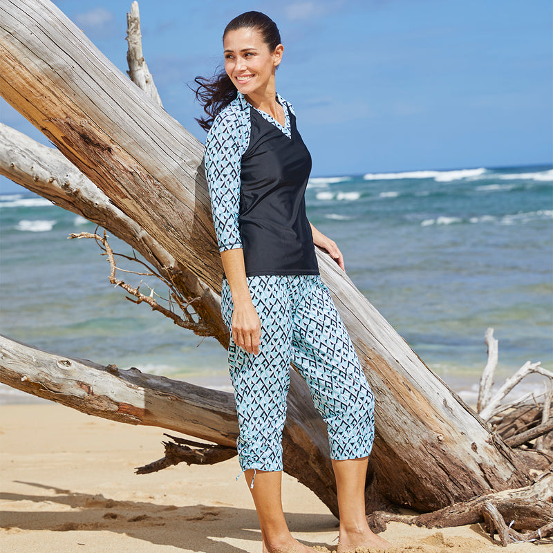 Woman at the Beach in UV Skinz's Beach Capris|turquoise-jewels