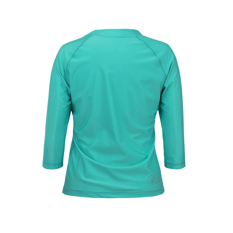 Back of our Women's V-Neck Sun & Swim Shirt in Teal|teal