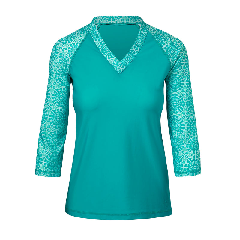 women's v-neck 3/4 swim shirt in teal kaleidoscope|teal-kaleidoscope