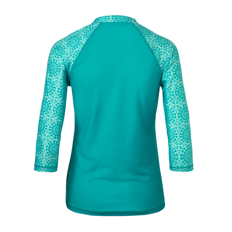 back of the women's v-neck 3/4 swim shirt in teal kaleidoscope|teal-kaleidoscope