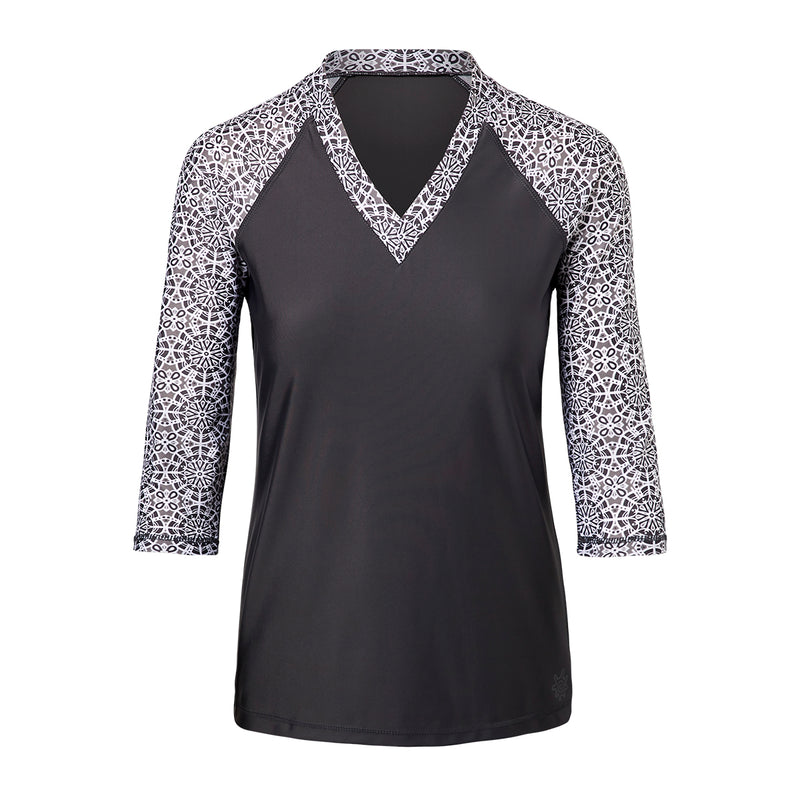 women's v-neck 3/4 swim shirt in charcoal kaleidoscope|charcoal-kaleidoscope