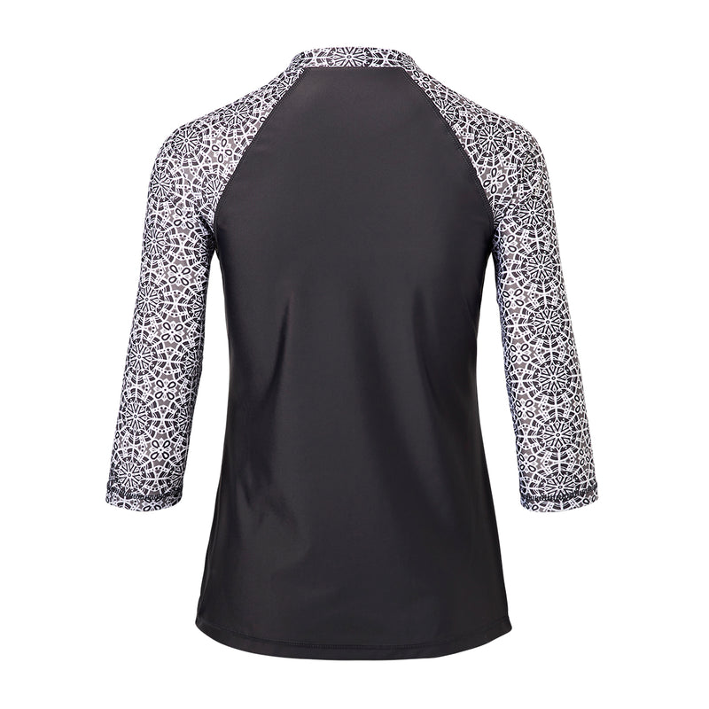 back of the women's v-neck 3/4 swim shirt in charcoal kaleidoscope|charcoal-kaleidoscope