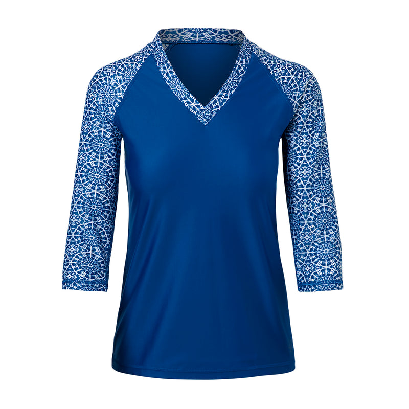 women's v-neck 3/4 swim shirt in navy blue kaleidoscope|navy-blue-kaleidoscope