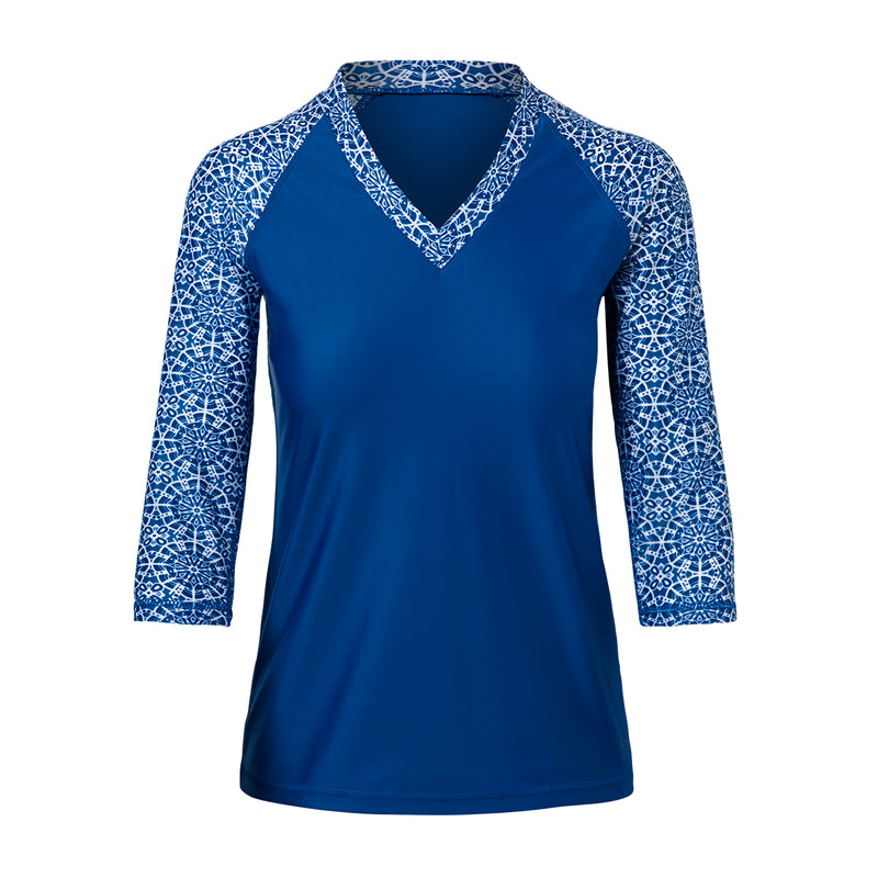 women's v-neck 3/4 swim shirt in navy blue kaleidoscope|navy-blue-kaleidoscope