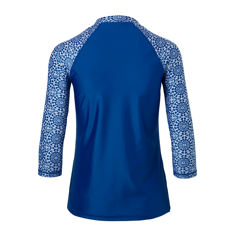 Back of the women's v-neck 3/4 swim shirt in navy blue kaleidoscope|navy-blue-kaleidoscope