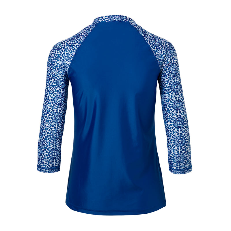 Back of the women's v-neck 3/4 swim shirt in navy blue kaleidoscope|navy-blue-kaleidoscope