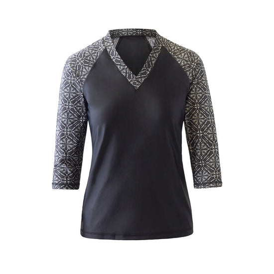 women's v-neck 3/4 swim shirt in black medallion|black-medallion