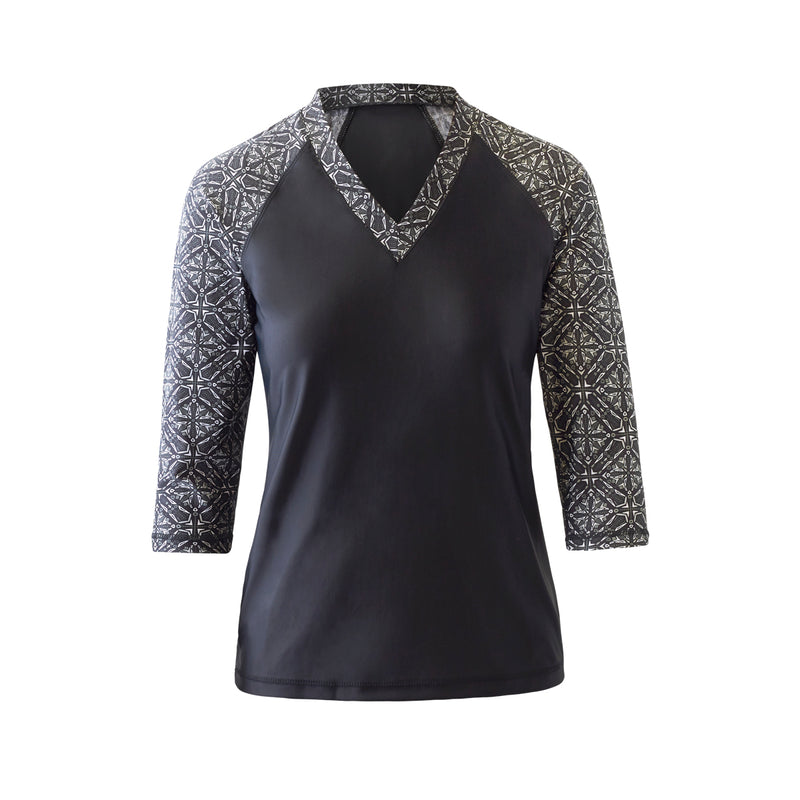 women's v-neck 3/4 swim shirt in black medallion|black-medallion